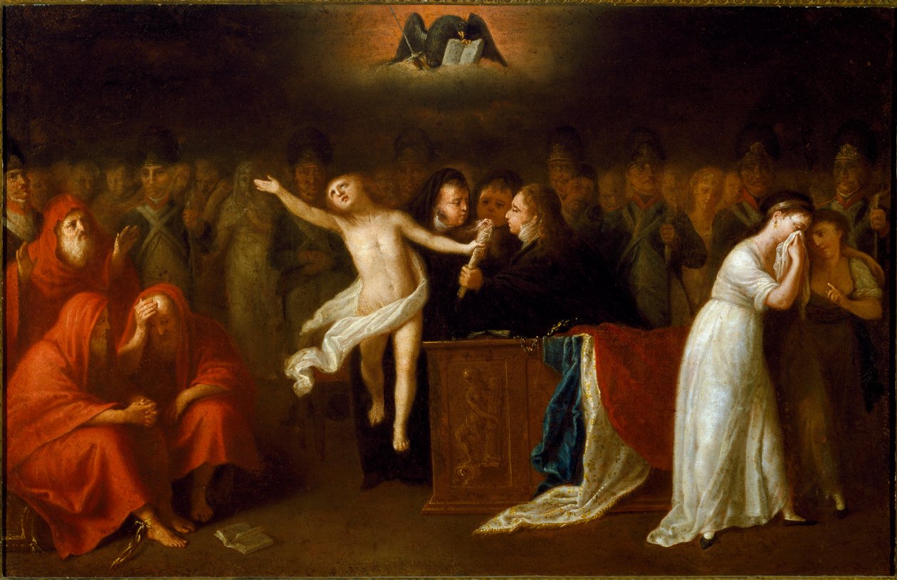 Con la promulgación del Código Civil o Código de Napoleón Bonaparte (1765-1821) el 21/03/1804 que regula las leyes entre particulares, las mujeres de la derecha simbolizan probablemente la ley que regula el estatus de la madre en el seno de la familia, inf de Felice Guascone