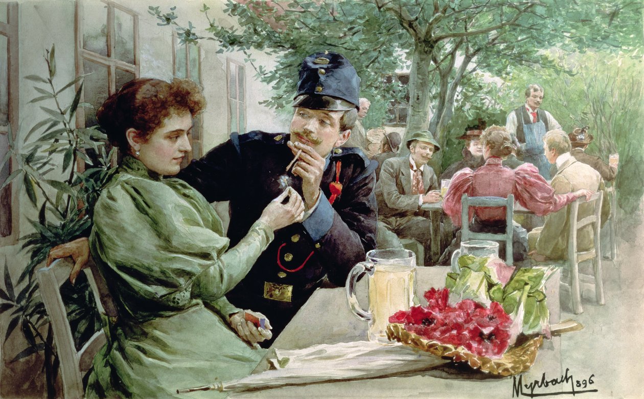 Soldado y una joven bebiendo vino nuevo, 1896 de Felicien baron de Myrbach Rheinfeld