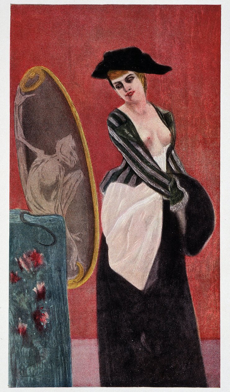 El demonio de la codicia: un reflejo monstruoso de una mujer mirándose en un espejo, “Felicien Rops” por Rudolf Klein de Félicien Rops