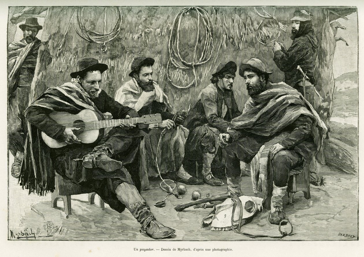 Un payador, duelo en verso de cantantes ambulantes. Grabado por Myrbach, para ilustrar la historia Viaje a la Plata, en 1886, por Emile Daireaux, en le tour du monde 1888, dirigido por Edouard Charton (1807-1890), Hachette, París. de Felicien baron de Myrbach Rheinfeld
