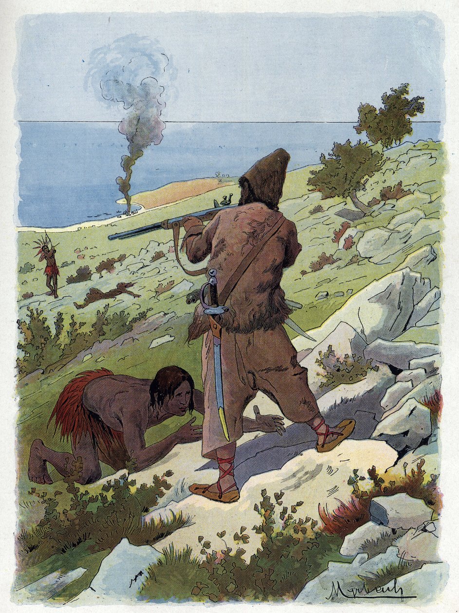 Robinson Crusoe mata a los salvajes que persiguen a Viernes de Felicien baron de Myrbach Rheinfeld