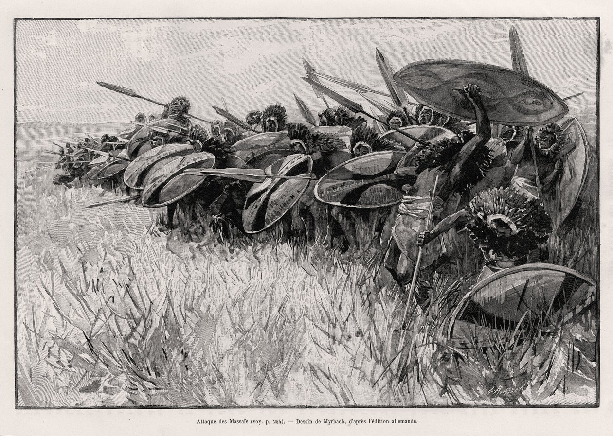 El ataque de los masáis. Grabado por Myrbach para ilustrar la historia “Au secours d