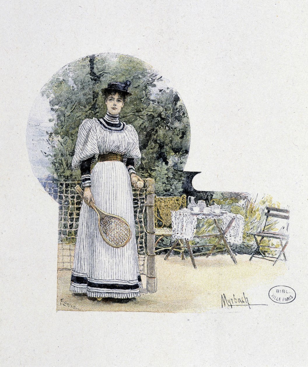 Joven mujer en una cancha de tenis - grabado, finales del siglo XIX de Felicien baron de Myrbach Rheinfeld