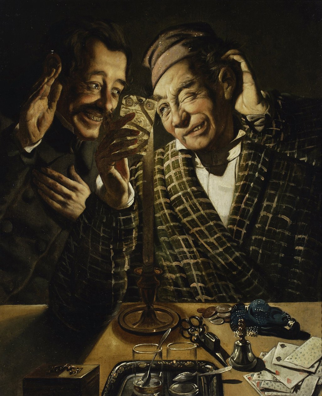 joueurs aux chandelles - Jugadores a la luz de las velas par Peczarski, Feliks (1804-1862). Óleo sobre lienzo, tamaño : 75,5x62 de Feliks Peczarski