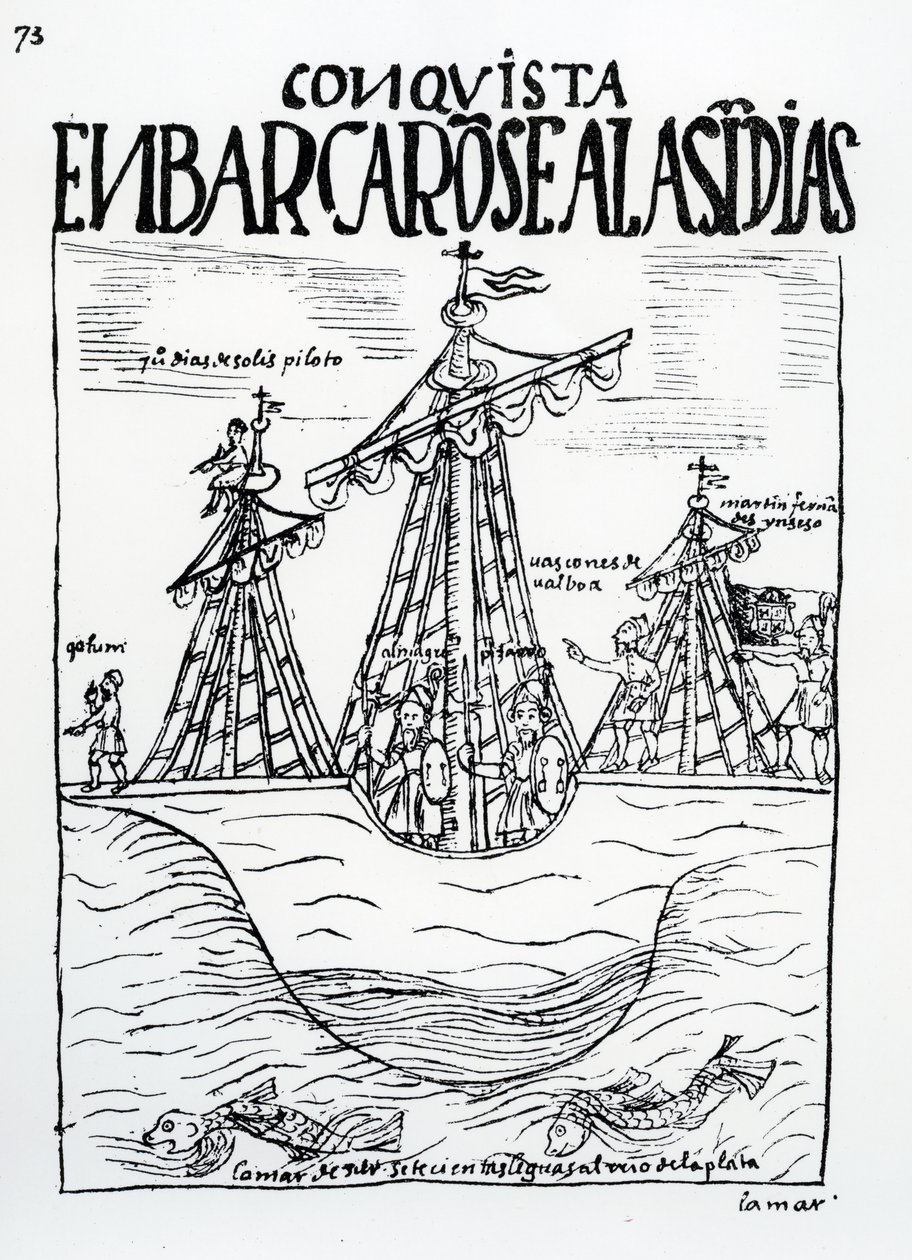 El viaje al Nuevo Mundo realizado por Cristóbal Colón, Juan Díaz de Solís, Diego de Almagro, Francisco Pizarro, Vasco Núñez de Balboa y Martín Fernández de Enciso de Felipe Huaman Poma de Ayala