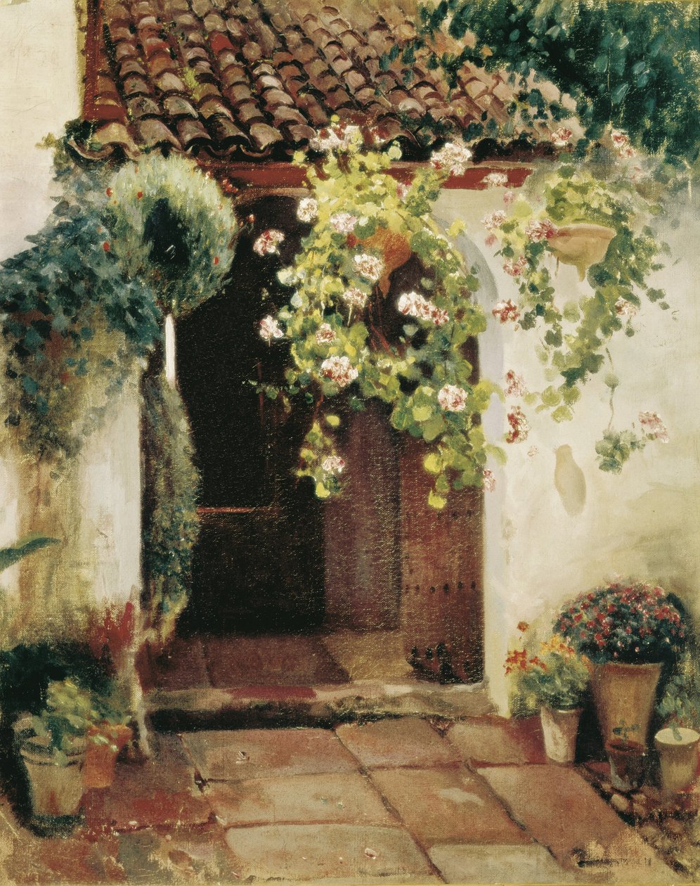 Vestíbulo con geranios (óleo sobre lienzo) de Felipe Abarzuza y Rodriguez de Arias