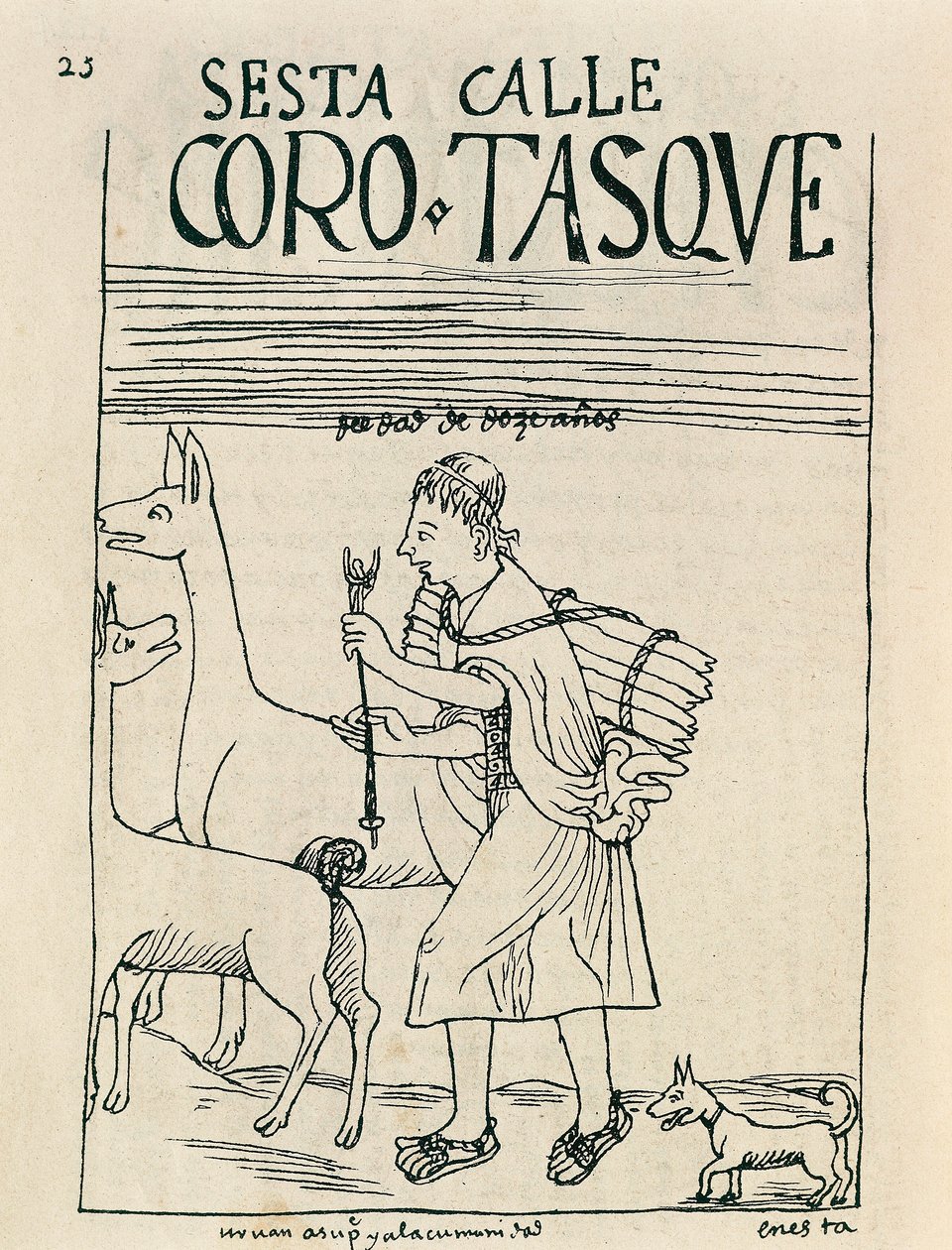 Un joven pastoreando llamas y recogiendo leña (dibujo a tinta) de Felipe Huaman Poma de Ayala