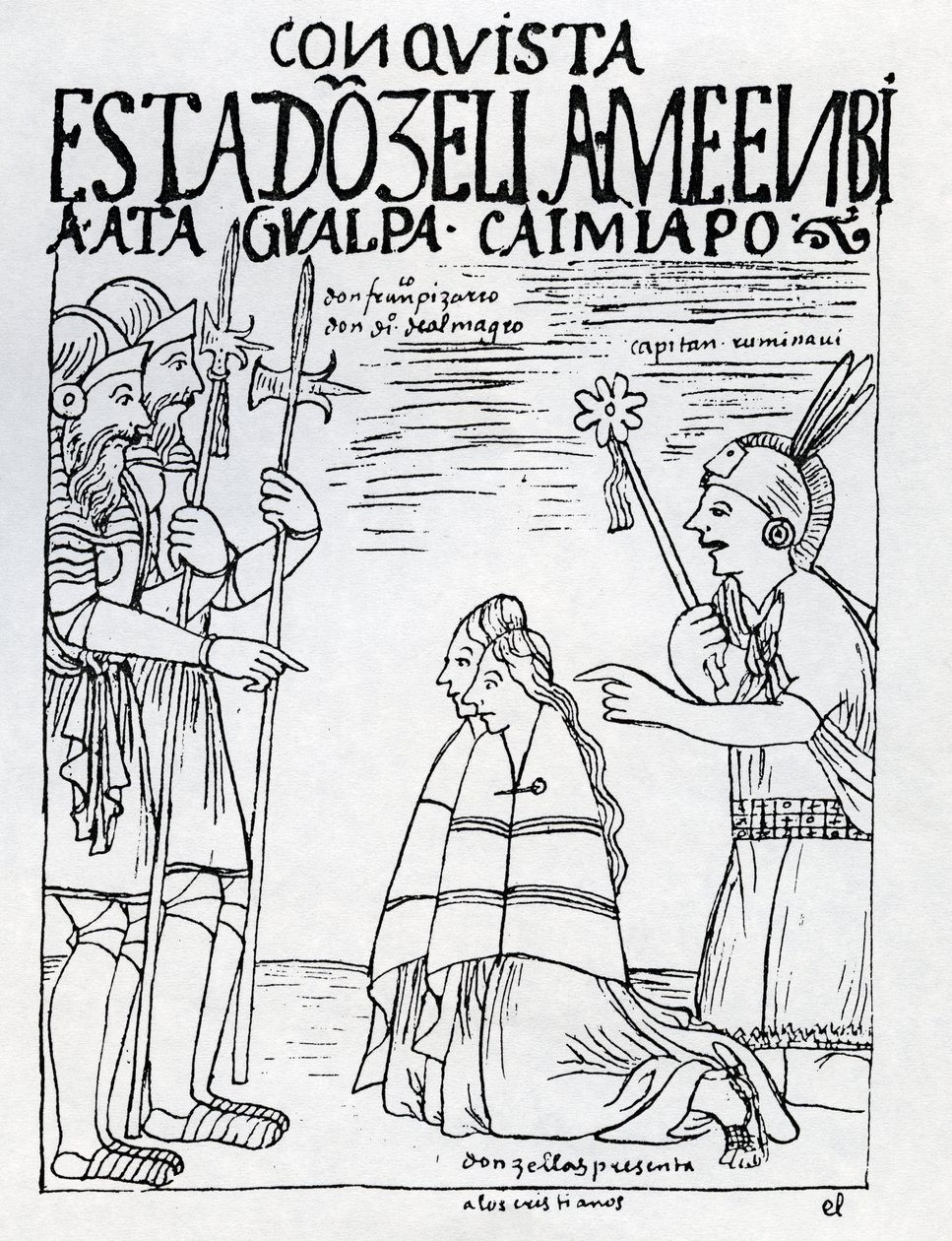 El capitán Ruminavi presenta a Francisco Pizarro y Diego de Almagro dos mujeres de Felipe Huaman Poma de Ayala