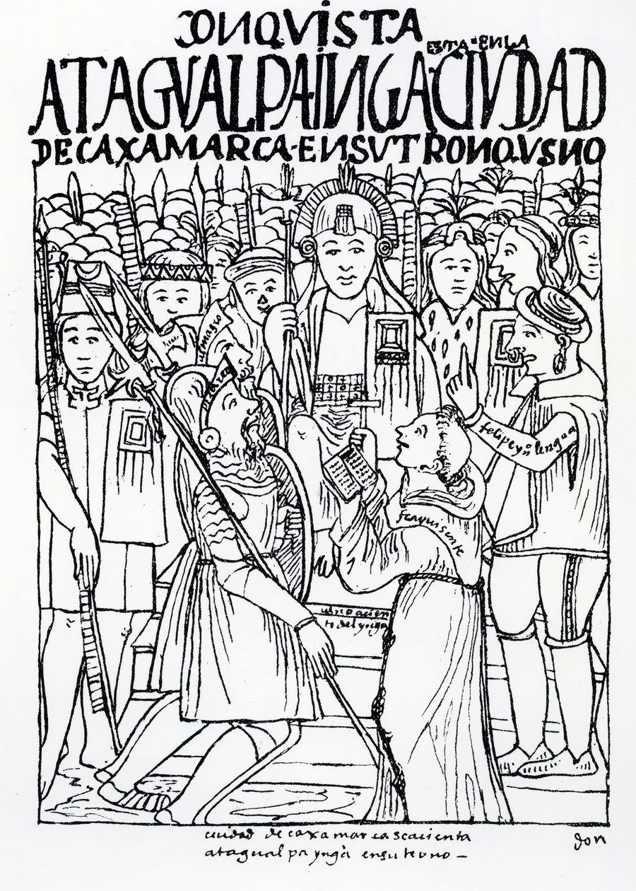 Diego de Almagro, Francisco Pizarro y el Fraile Vicente de Valverde arrodillados ante Atahualpa Inca en Cajamarca de Felipe Huaman Poma de Ayala