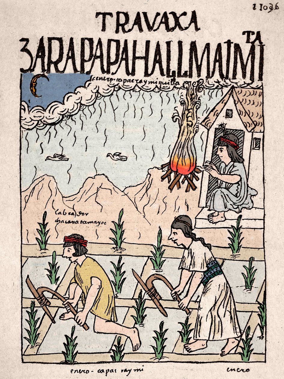 Imperio Inca: una pareja india de la clase Hatun Runa trabaja la tierra en enero - Dibujo a tinta del manuscrito de Don Felipe Puma de Ayala “Nueva coronica y buen gobierno” ilustrando la vida de los incas - Siglo XVI de Felipe Huaman Poma de Ayala