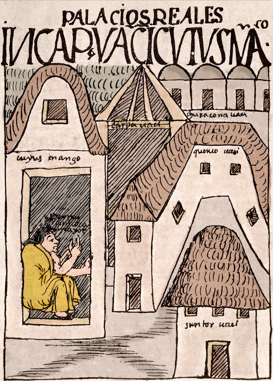Imperio Inca: Templos y Palacios en Cuzco, Perú - Dibujo en tinta del manuscrito “Nueva coronica y buen gobierno” de Don Felipe Puma de Ayala ilustrando la vida de los Incas, circa 1587 Lima, Museo Nacional de Antropología, Arqueología e Historia de Felipe Huaman Poma de Ayala