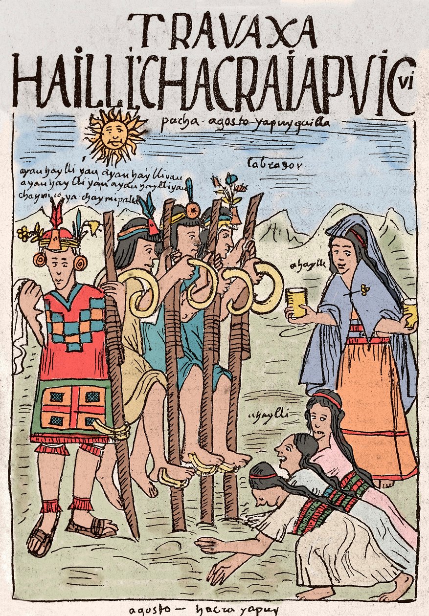 Imperio Inca: el inicio del trabajo de campo en agosto, ocasión de una gran fiesta popular en la que también participaron los nobles - Dibujo a tinta del manuscrito 