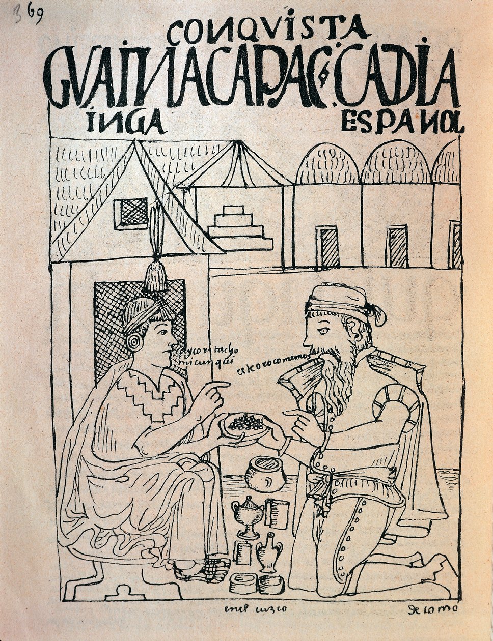 Inca de Cuzco y conquistador inglés recibiendo regalos a cambio de la libertad del emperador inca Atahualpa de Felipe Huaman Poma de Ayala