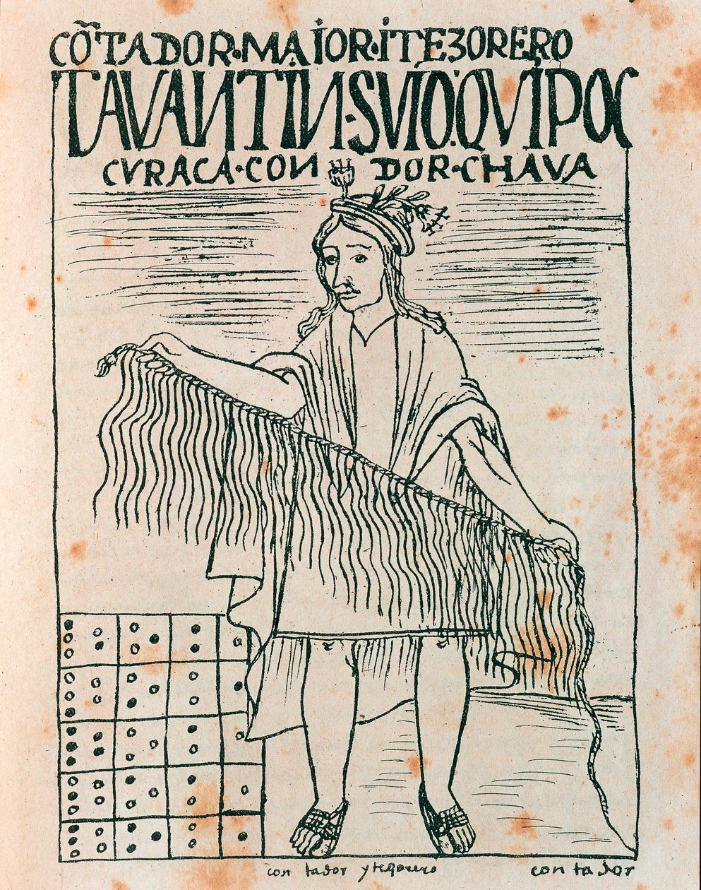 Hombre inca sosteniendo un quipu: sistema de contabilidad usando cuerdas y nudos (dibujo a tinta) de Felipe Huaman Poma de Ayala