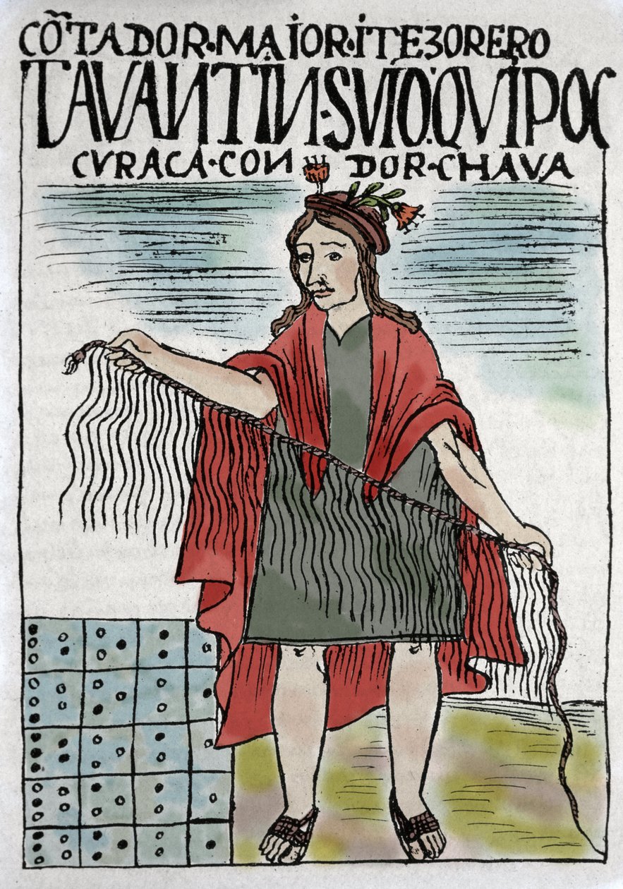 Quipu, sistema de contabilidad inca en cuerdas y nudos, cultura inca 1400-1532 d.C., manuscrito de Felipe Guaman Puma de Ayala (Nueva Coronica y buen Gobierno), columnista indio del siglo XVI. de Felipe Huaman Poma de Ayala