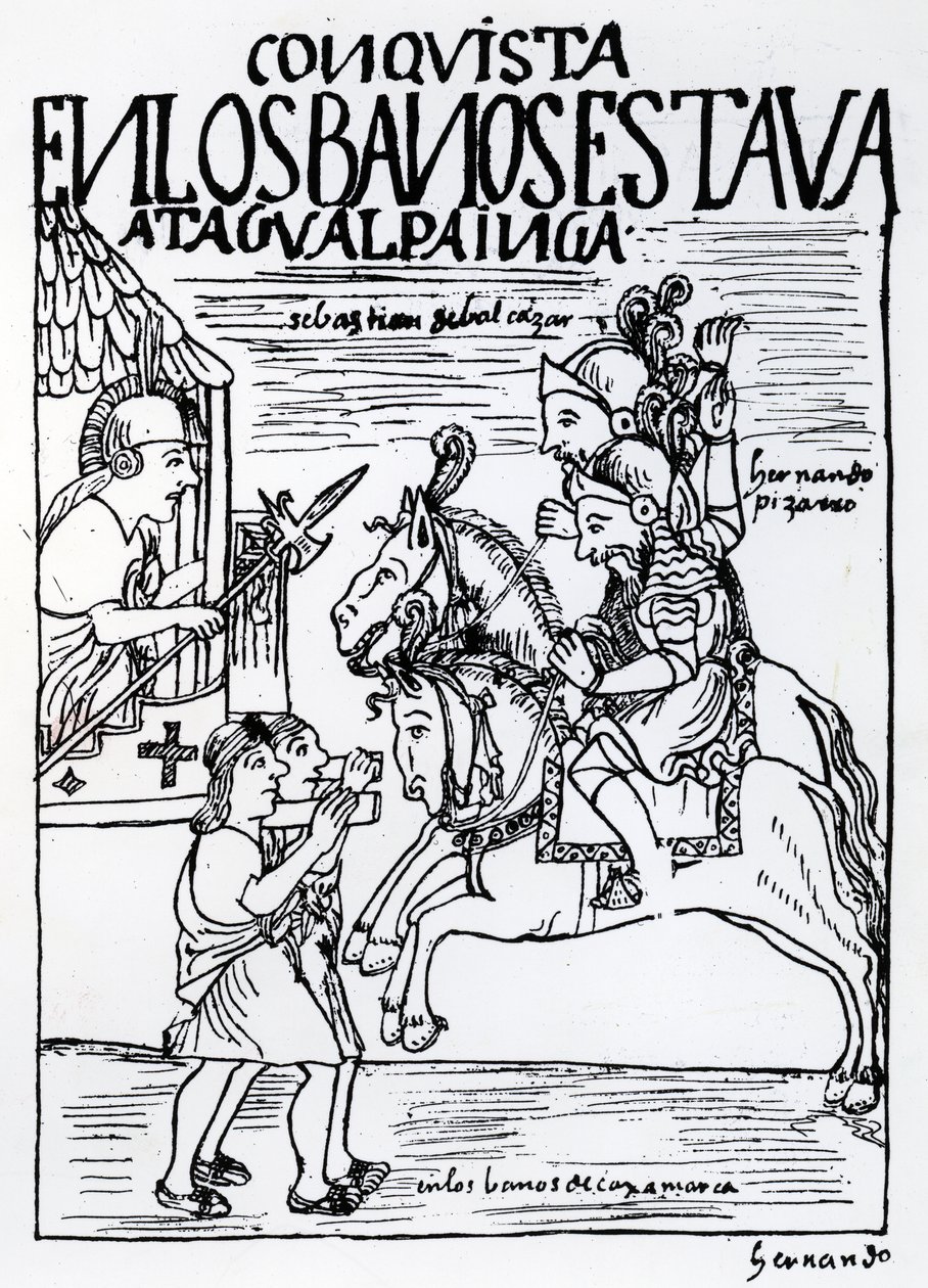 Sebastián de Benalcázar y Hernando Pizarro confrontan a Atahualpa Inca en los Baños Reales de Cajamarca de Felipe Huaman Poma de Ayala