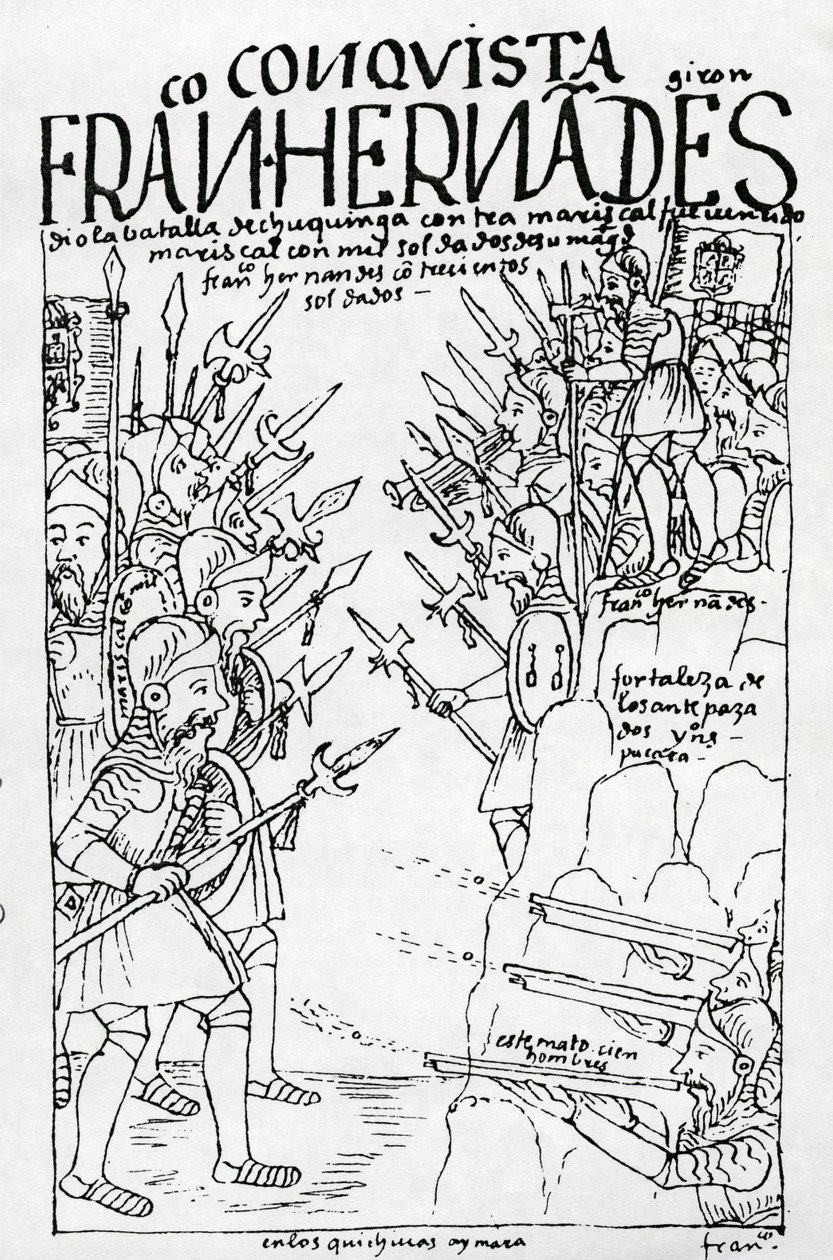 Las fuerzas rebeldes de Francisco Hernández Girón derrotan a los hombres del rey en la Batalla de Chuquinga de Felipe Huaman Poma de Ayala