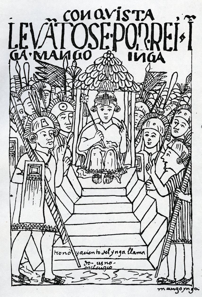 El recién coronado Manco Inca en el trono en Cuzco de Felipe Huaman Poma de Ayala