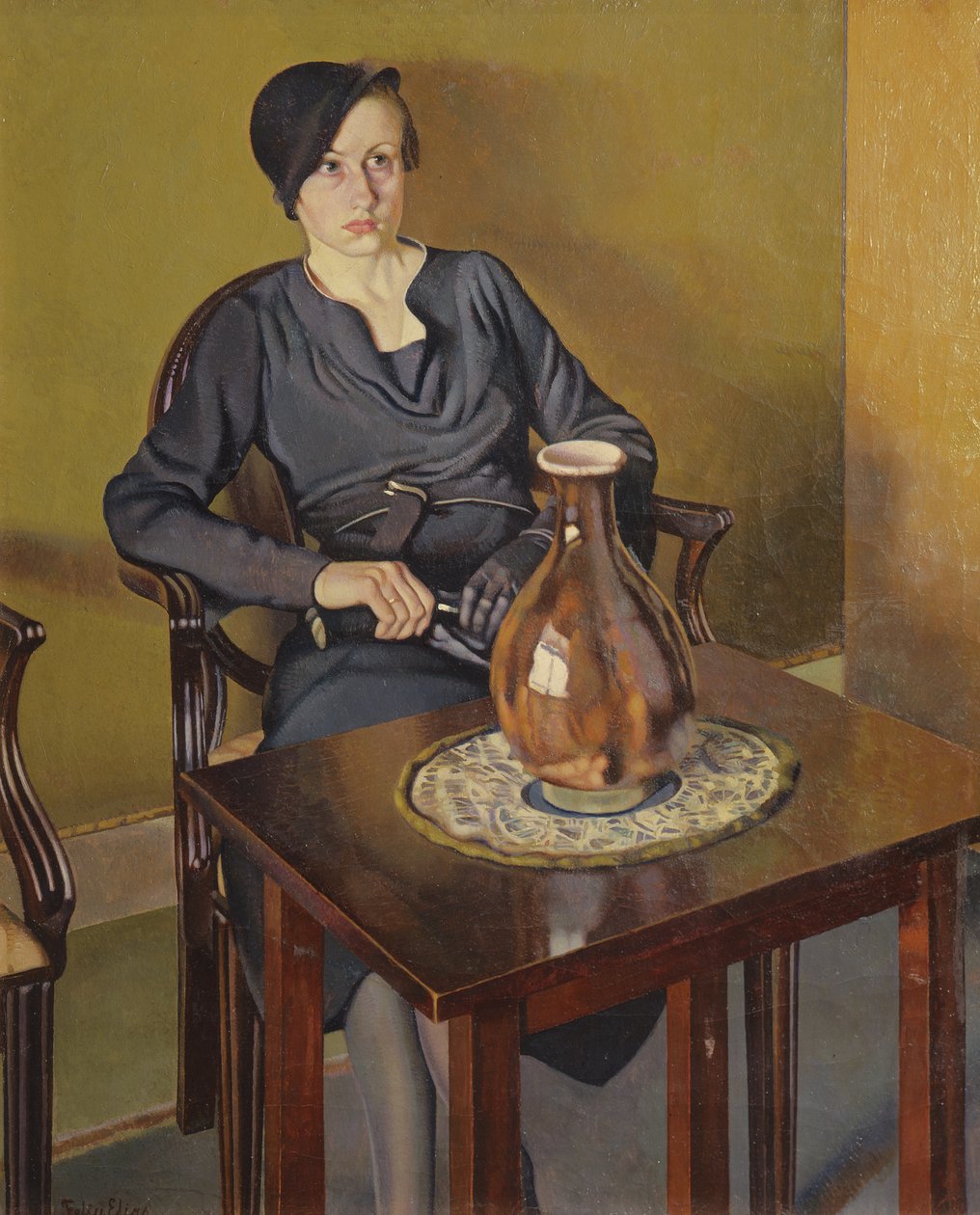 Mujer con jarrón, c.1929 (óleo sobre lienzo) de Feliu Elias Bracons