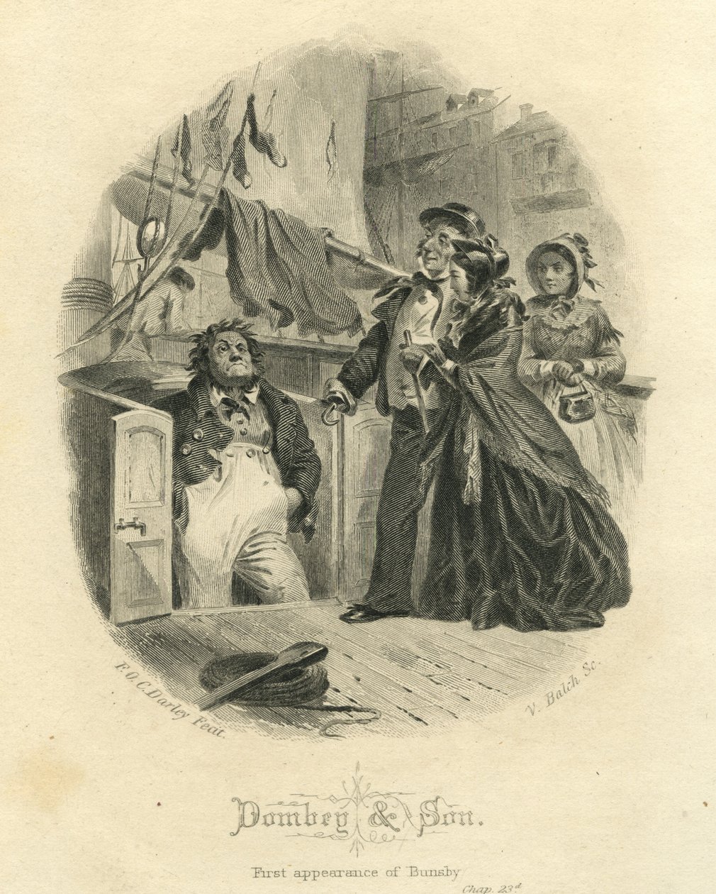 Dombey y Son: Primera aparición de Bunsby, grabado por Vistus Balch de Felix Octavius Carr Darley