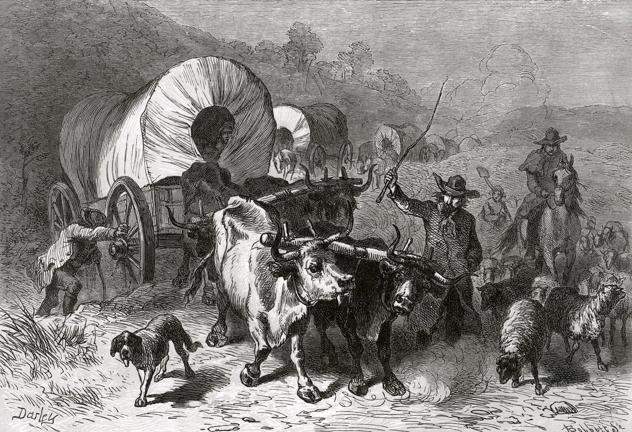 Emigración al país occidental, grabado por Bobbett de Felix Octavius Carr Darley