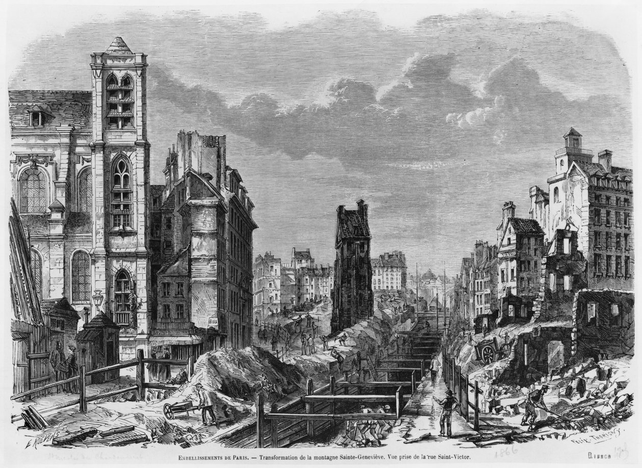 Mejoras a París, transformación de Montagne Sainte-Genevieve, vista tomada desde la rue Saint-Victor, 1877 de Felix Thorigny