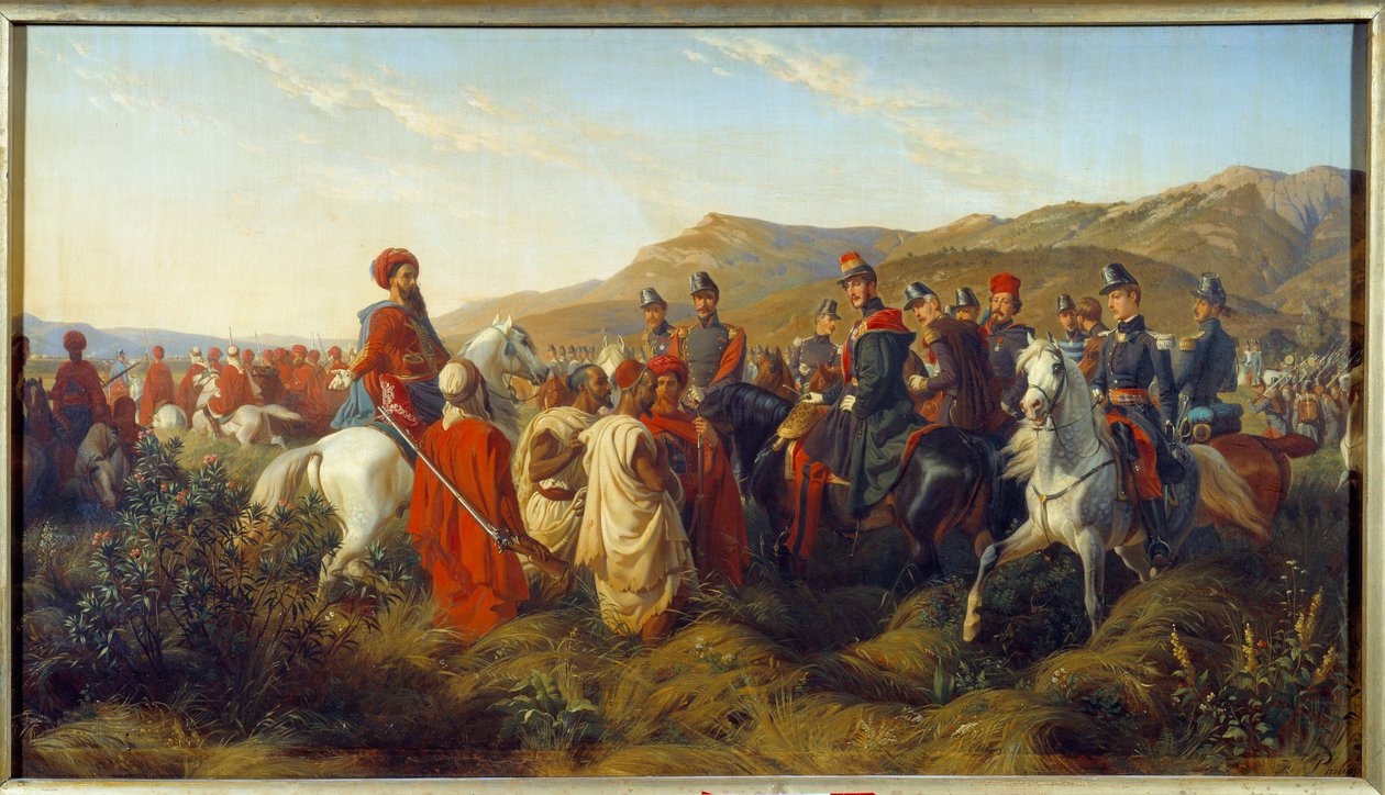 Conquista de Argelia (1830-1847): Episodio de la campaña de Argelia en 1840 - el Duque de Orleans Ferdinand Philippe (1810-1842), hijo del Rey Luis Felipe I, concede libertad a dos prisioneros árabes cerca del campamento de Blida de Felix (after) Philippoteaux