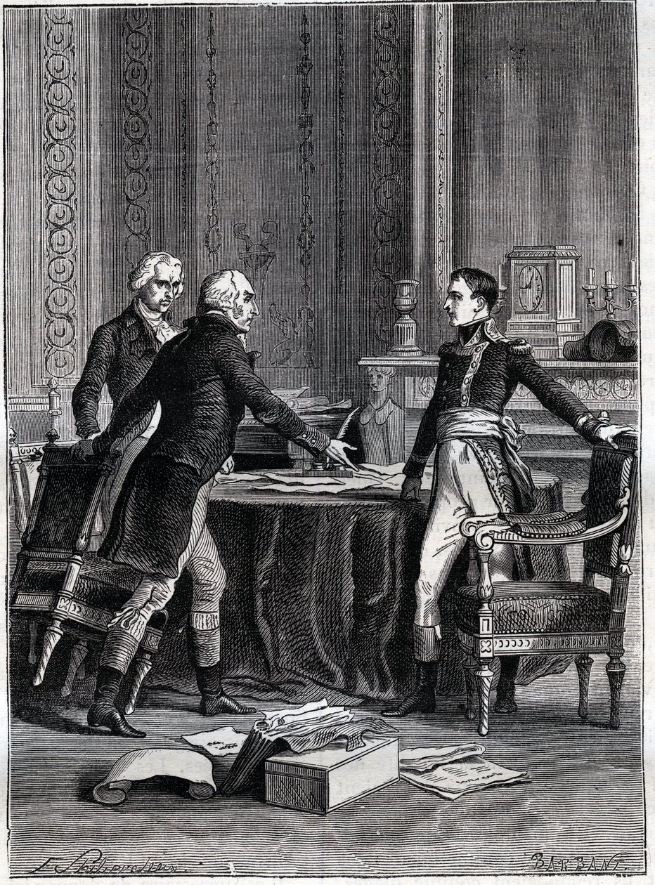 Primera deliberación de los tres cónsules en el Palacio de Luxemburgo - Napoleón Bonaparte, Emmanuel Joseph Sieyès y Pierre Roger-Ducos 1799 - Grabado por Barbant, después de Philippoteaux - Primer Consulado, 24 Frimaire VIII (15 de diciembre de 1799), pri de Felix (after) Philippoteaux