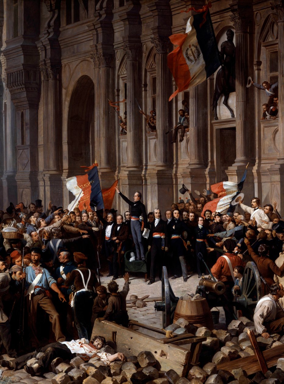 Revolución de 1848: Alphonse de Lamartine (1790 - 1869), rechazando la bandera roja por la bandera tricolor, en el Ayuntamiento (detalle) de Felix (after) Philippoteaux
