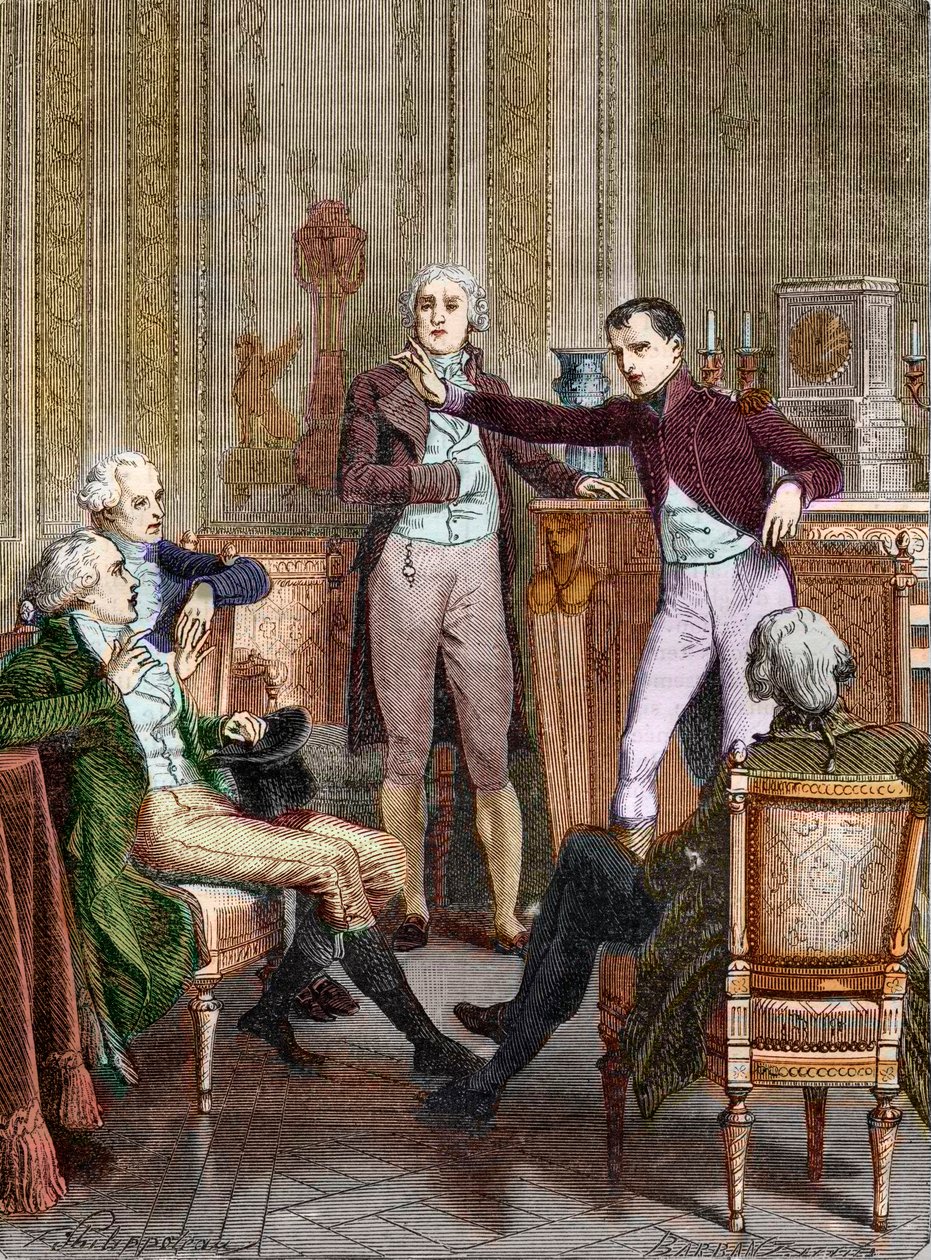 El Primer Cónsul Bonaparte hablando con el matemático Gaspard Monge - Grabado por Félix Philippoteaux (1815-1884) de Felix (after) Philippoteaux