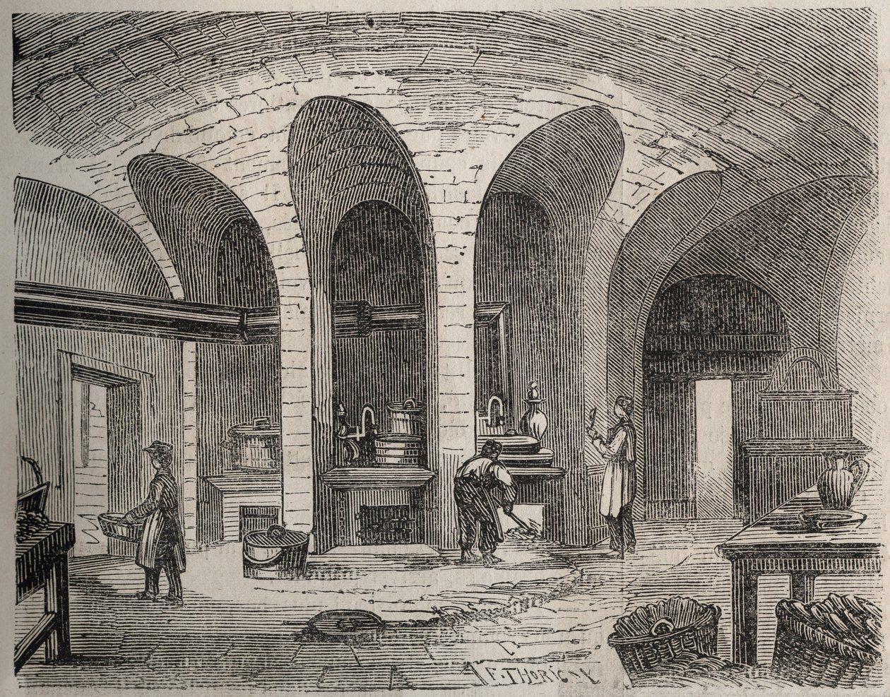 París - Prisión de la Petite Roquette (prisión para mujeres y adolescentes) - Las Cocinas - Grabado por después de Félix Thorigny - en Le Monde Illustré de julio de 1865 de Felix (after) Thorigny