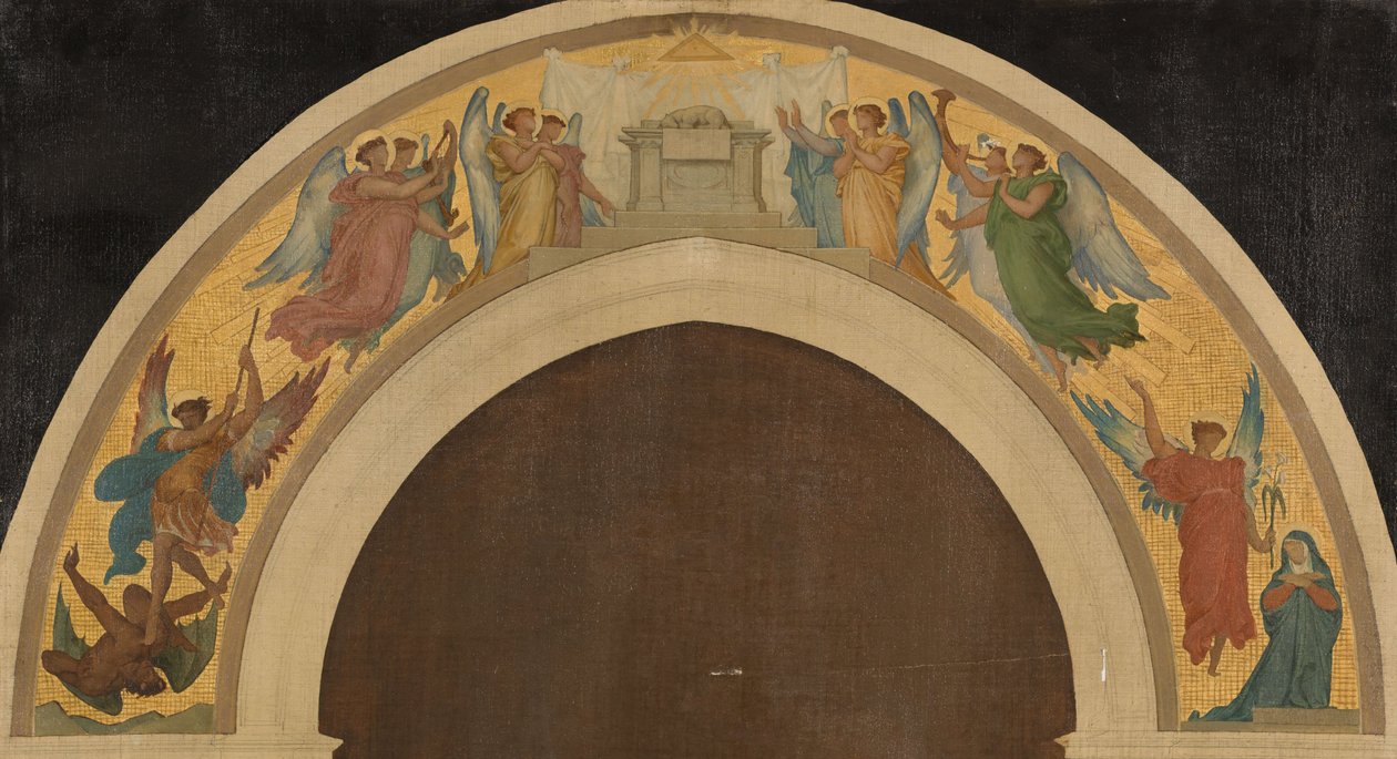Boceto para la iglesia de la Trinidad: El Cordero Pascual. Grupo de ángeles adoradores. El arcángel San Miguel venciendo al diablo. La Anunciación. San Pablo. San Pedro, hacia 1864 (óleo sobre lienzo) de Felix A.M. (after) Jobbe Duval