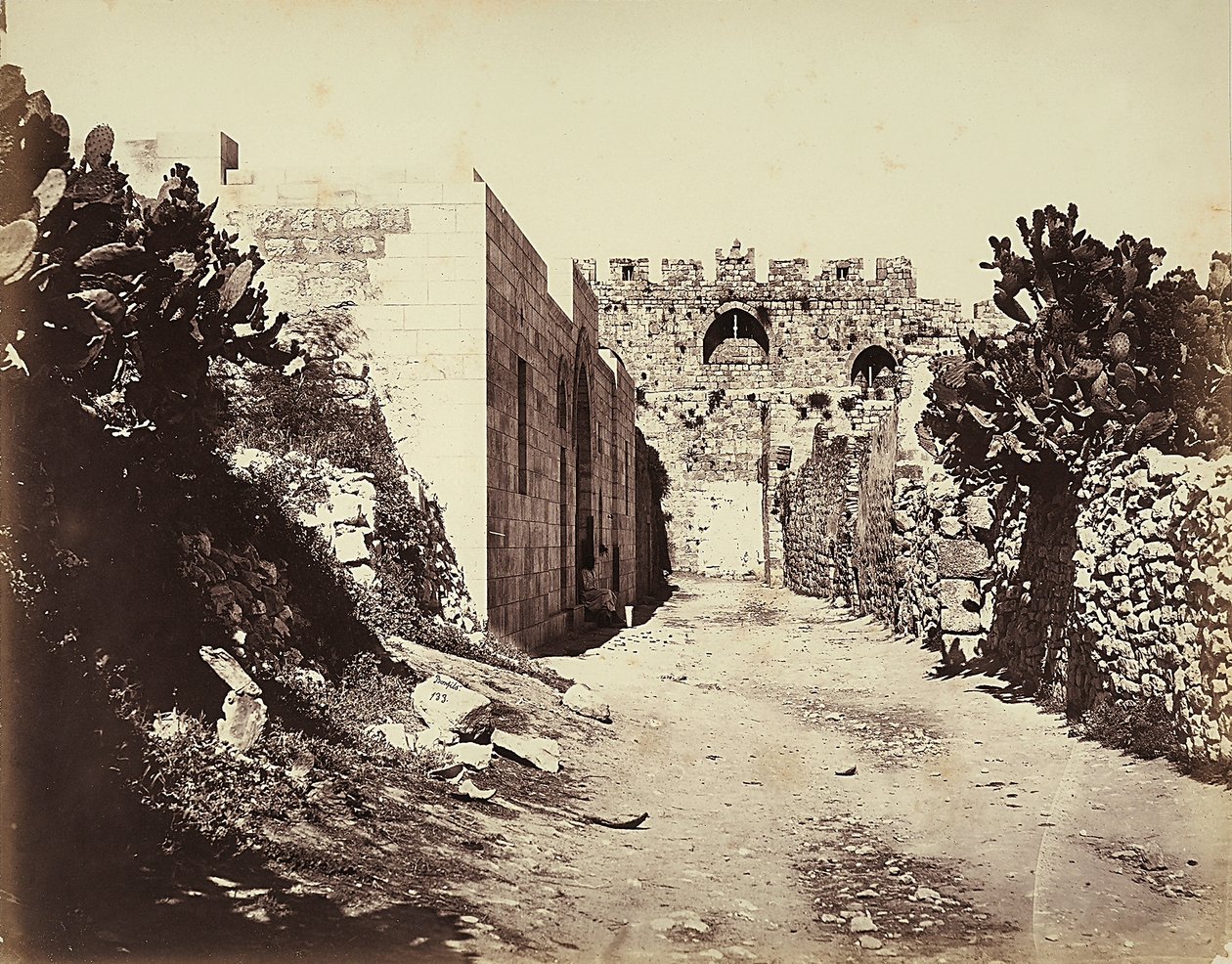 Vista de una sección de las murallas de la ciudad y la casa de Santa Ana, en Jerusalén de Félix Bonfils
