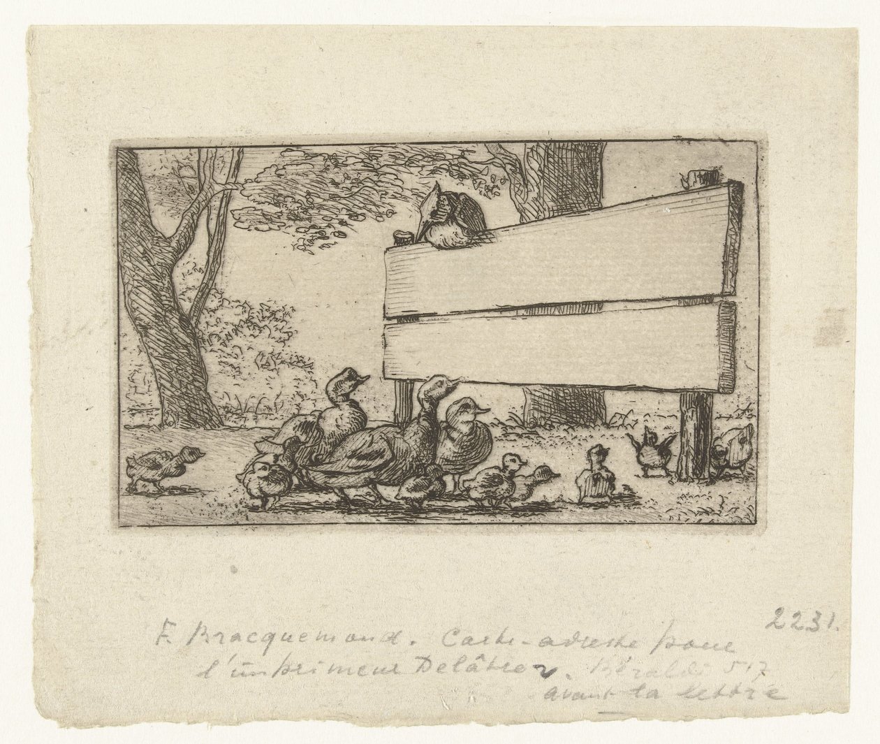Tarjeta de dirección con patos en una valla de madera frente a la imprenta Delâtre de Felix Bracquemond