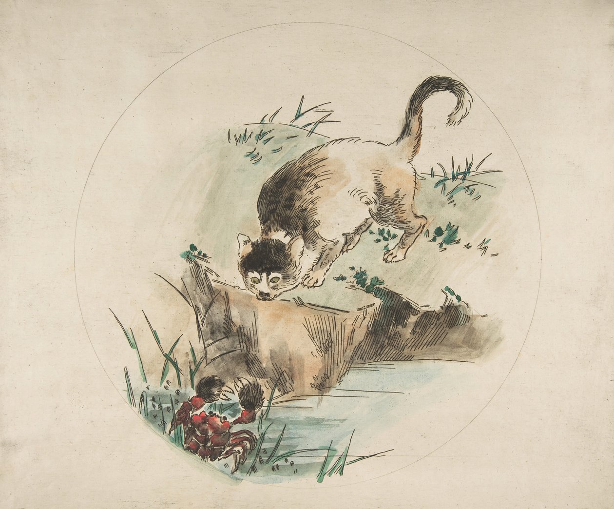 Decoración para un plato: Un gato cazando un cangrejo de Felix Bracquemond