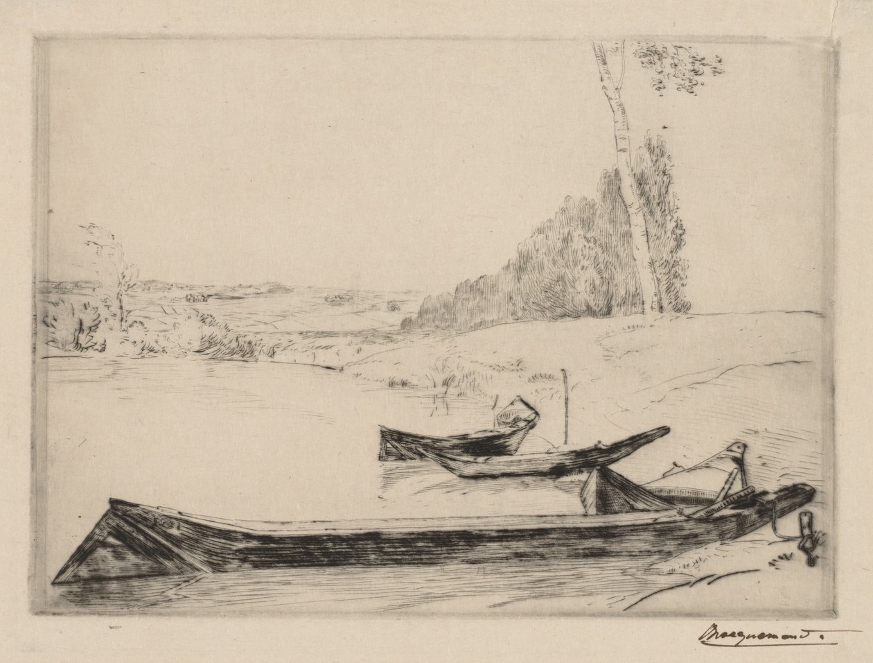 Pequeños transbordadores en las orillas del Sena, c. 1858 de Felix Bracquemond