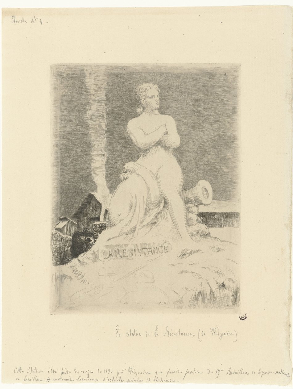 Estatua La Résistance (Resistencia) de Alexandre Falguière y soldados durante el asedio de París La Resistencia Siège de Paris en 1870 (título de la serie) de Felix Bracquemond