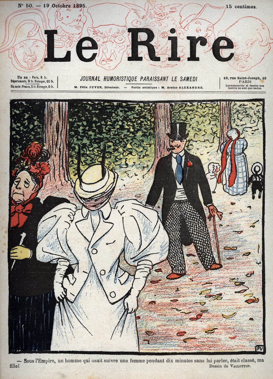 Portada del periódico “Le Rire”, n°50, 10 de octubre de 1895: Bajo el Imperio, un hombre que se atrevía a seguir a una mujer durante diez minutos sin hablarle era elegante, ¡hija mía! de Felix Edouard Vallotton