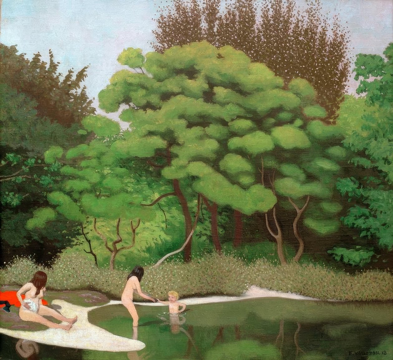 Paisaje soleado en el bosque, con dos mujeres y un niño de Felix Edouard Vallotton