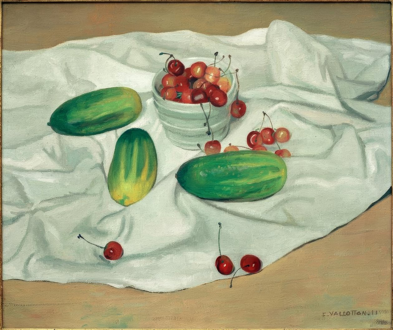 Tres pepinos y un jarrón blanco con cerezas de Felix Edouard Vallotton