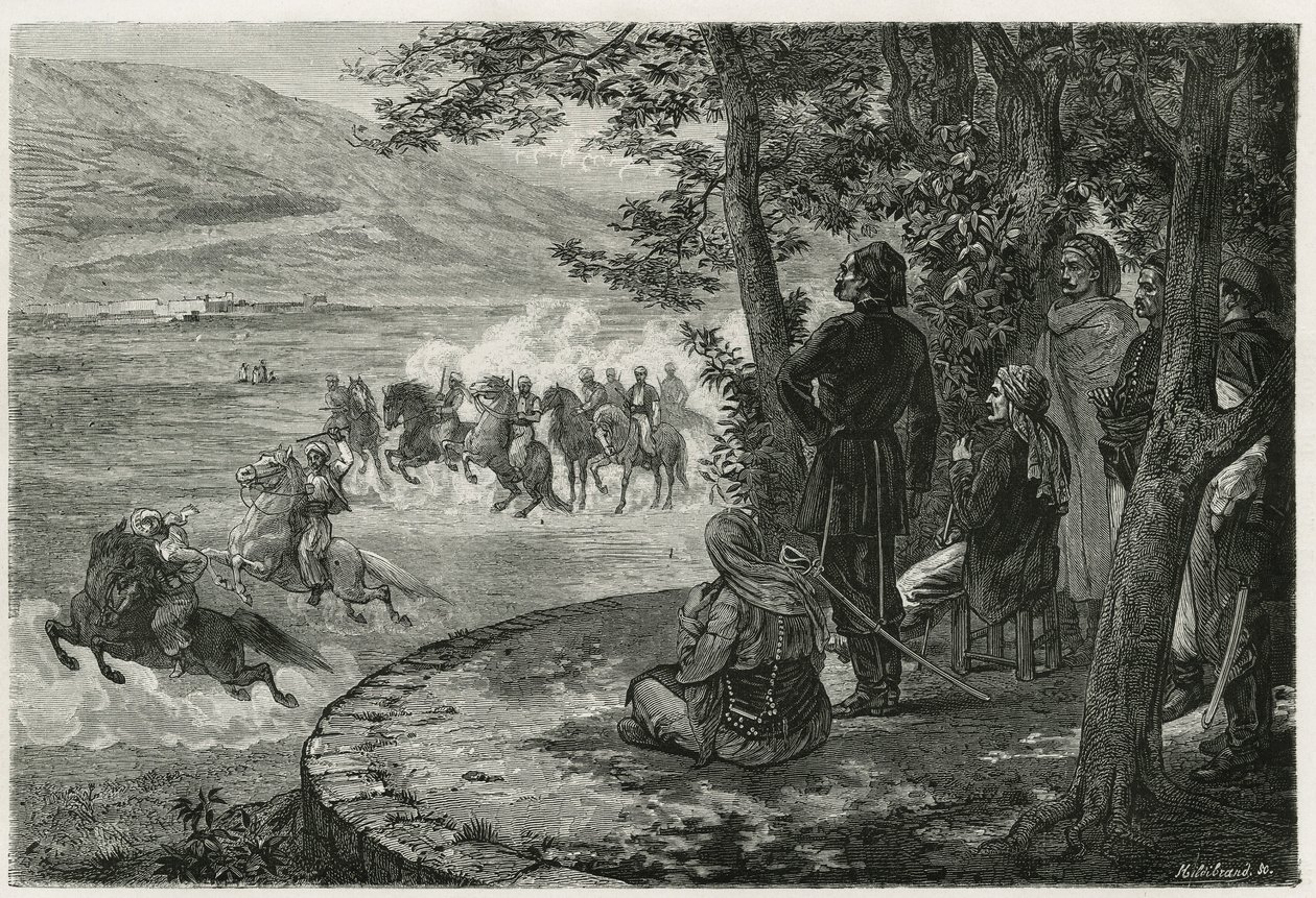 La carrera del djerid, el jinete comenzaba sosteniendo un palo corto que representaba tanto la lanza como el rifle; lo agitaba sobre su cabeza antes de lanzarlo, ilustración de la historia Les Ansaries, por Leon Cahun, una misión encargada por el gobierno  de Felix Elie Regamey