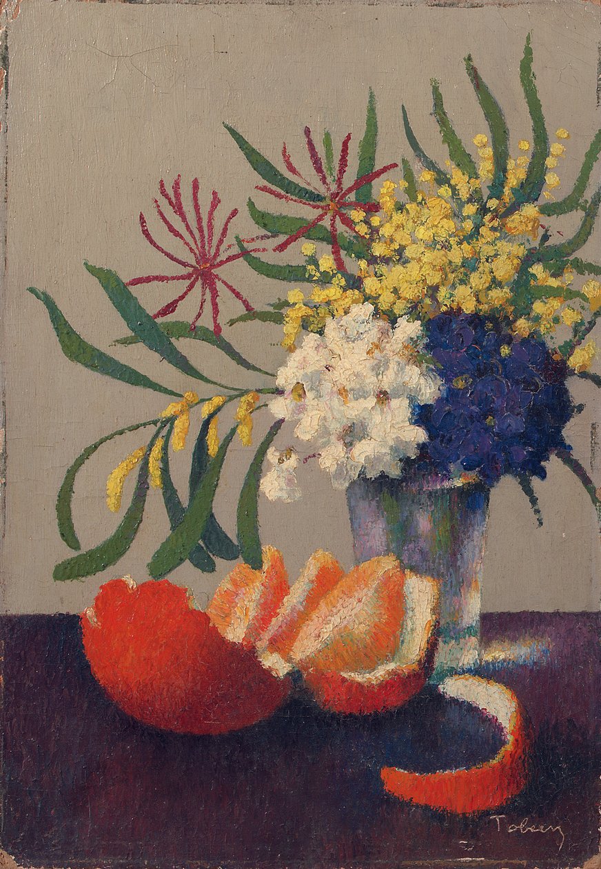 Naturaleza muerta con flores y una naranja de Felix Elie Tobeen