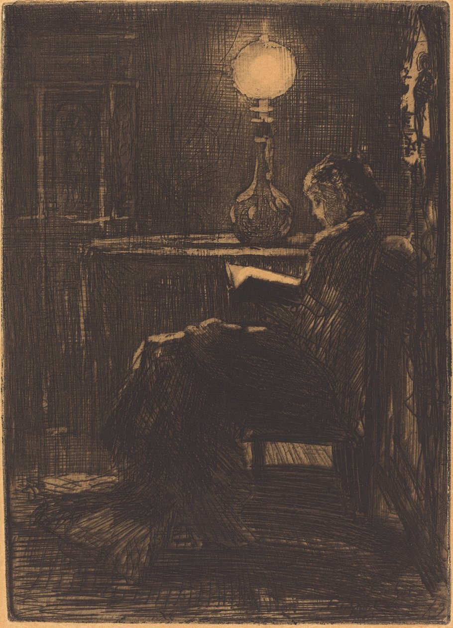 Mujer leyendo a la luz de la lámpara de Felix Hilaire Buhot