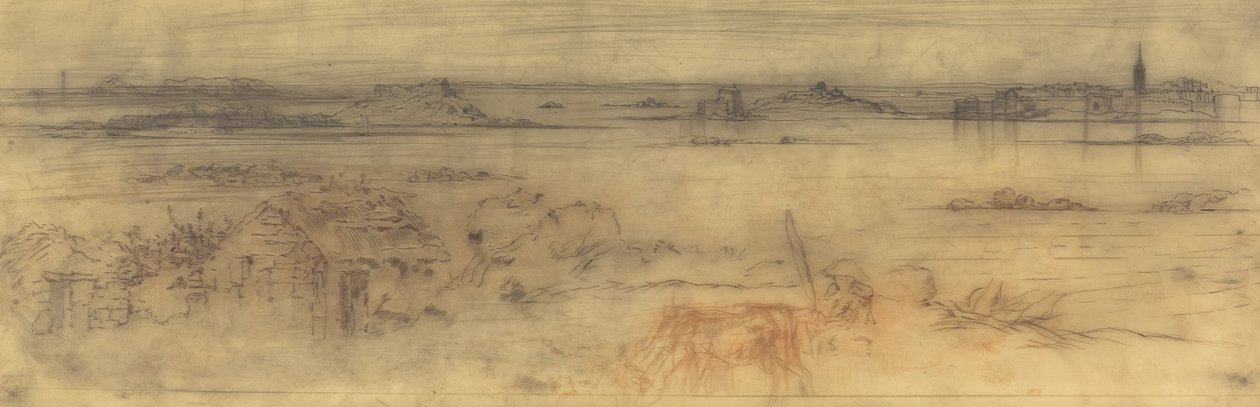 Paisaje marino con una ciudad fortificada a la derecha, islas a la izquierda y una cabaña en primer plano, c. 1882 de Felix Hilaire Buhot