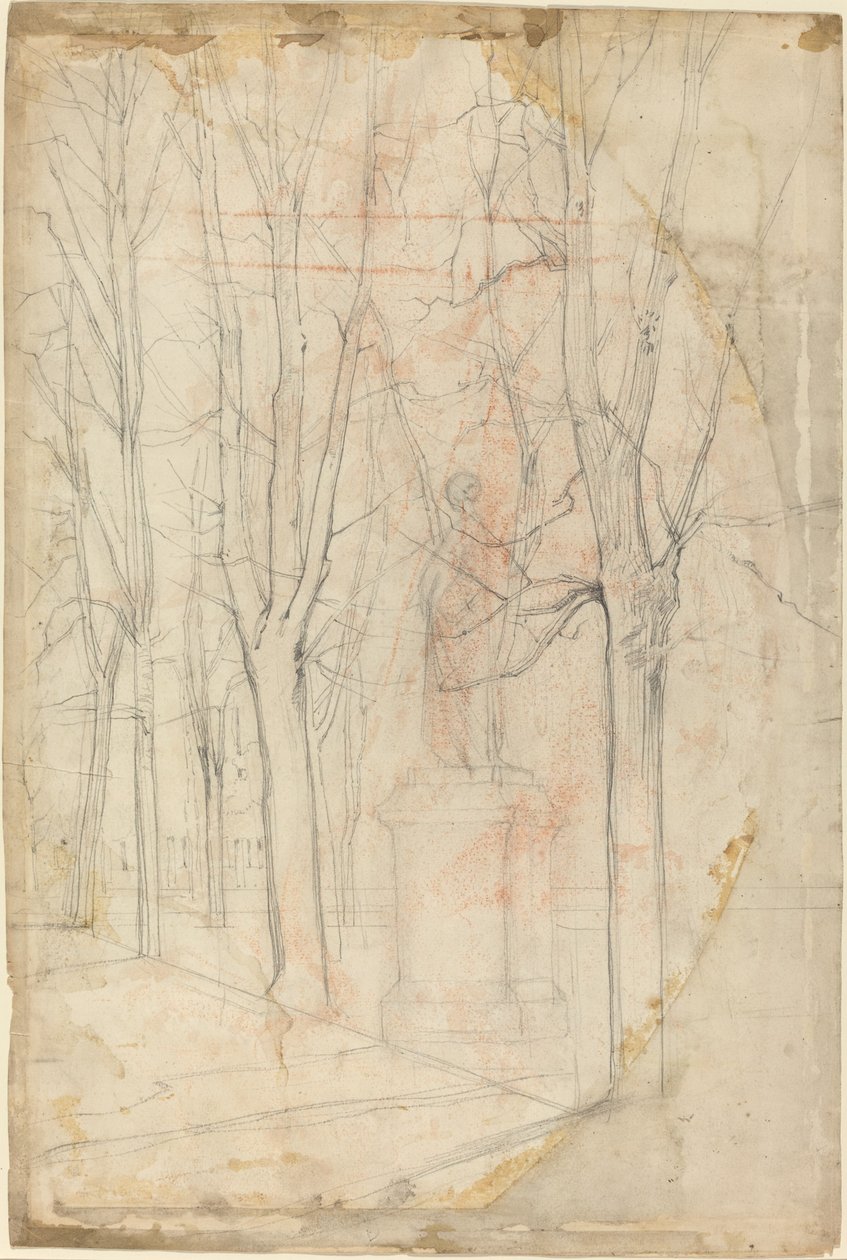 Boceto de árboles con una estatua en un pedestal de Felix Hilaire Buhot