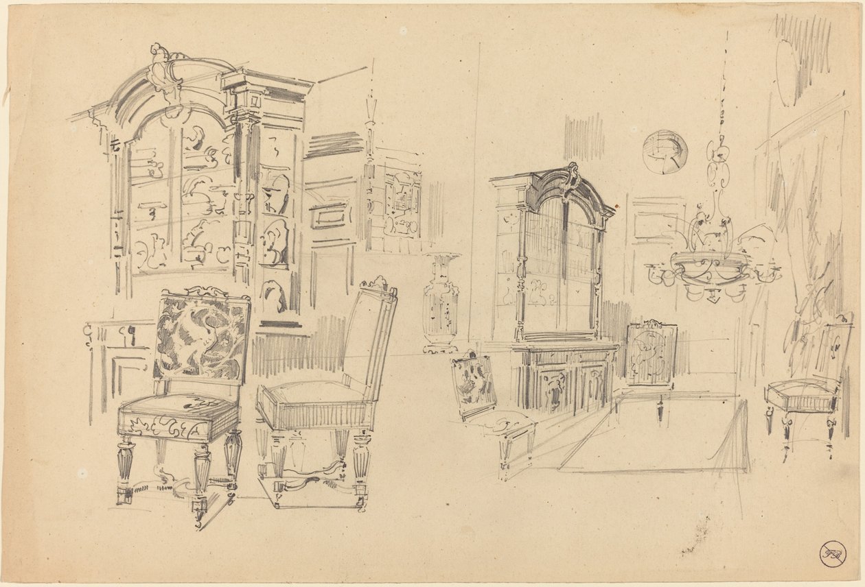 Dos estudios de un interior con muebles de Felix Hilaire Buhot