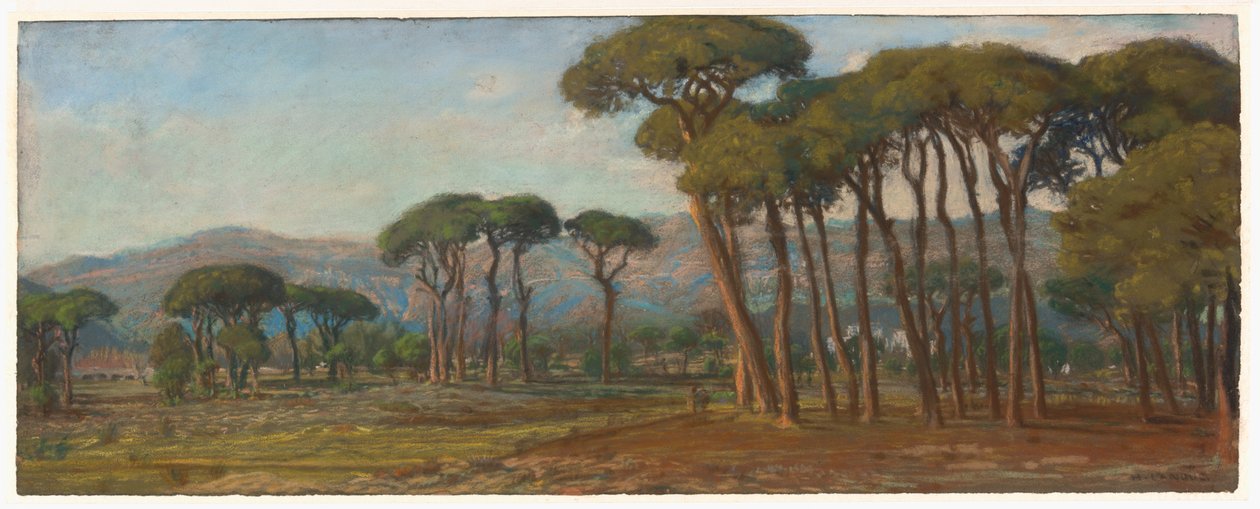 Paisaje extenso con un pueblo y colina en la distancia de Felix Hippolyte Lanoue