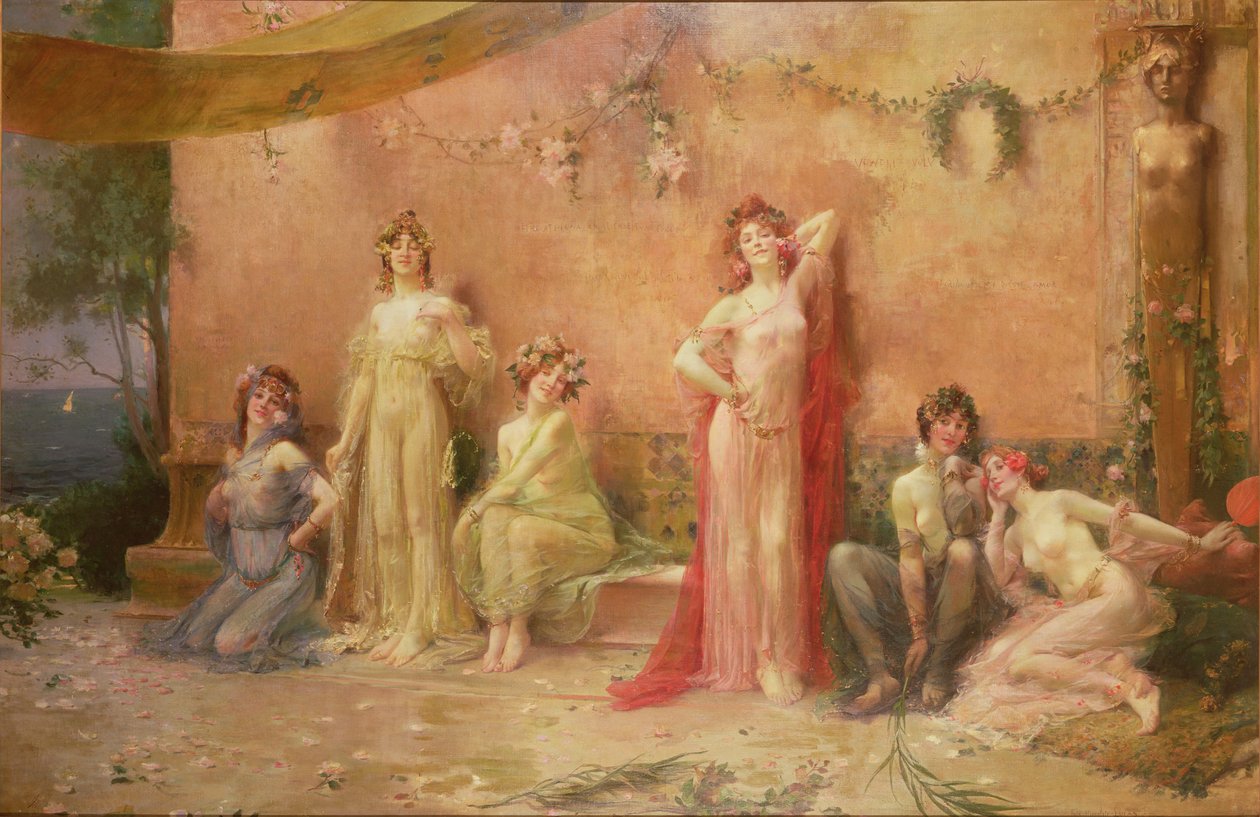 Las tentadoras ante un muro cubierto de grafitis de Felix Hippolyte Lucas
