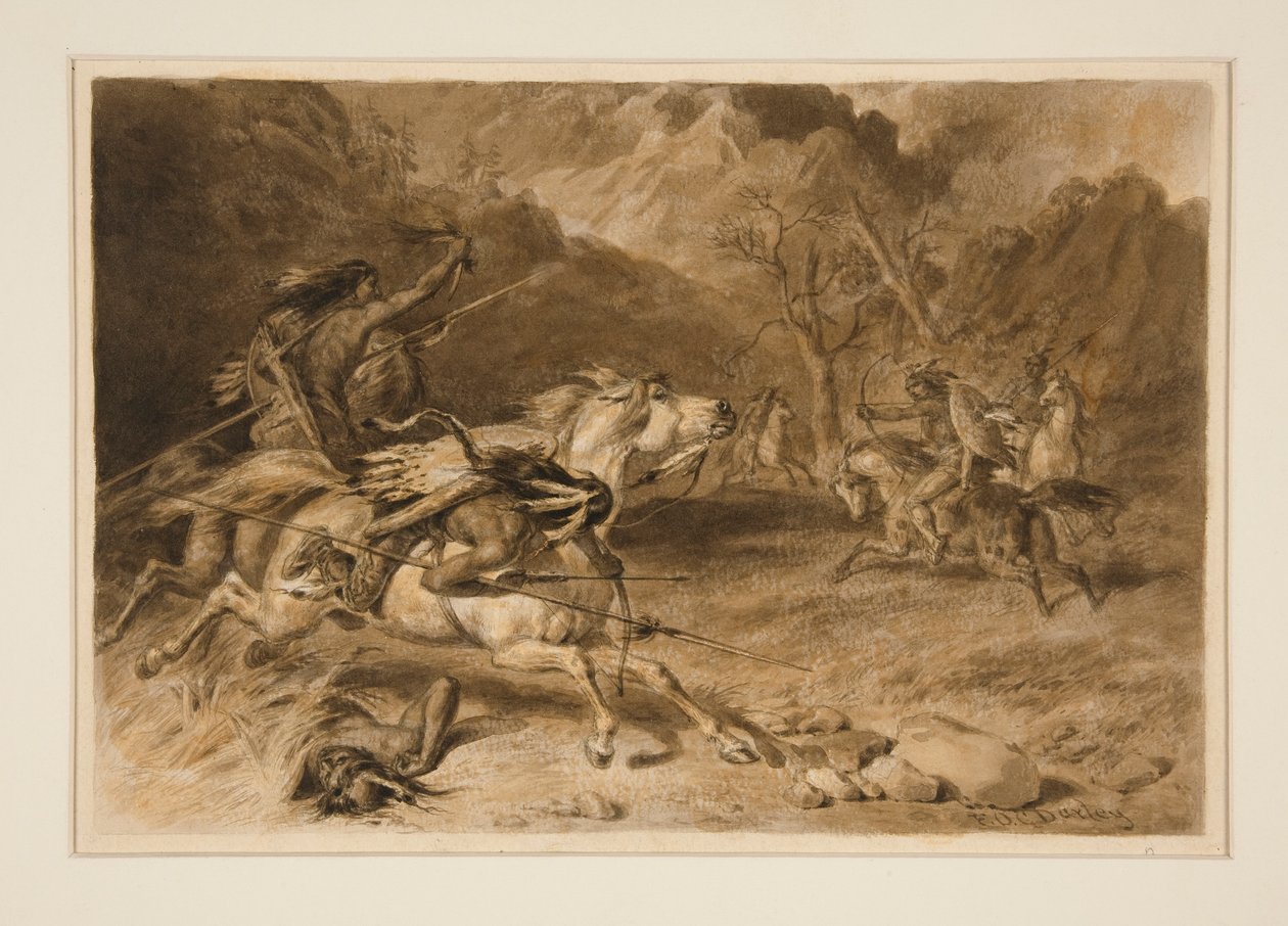 Dibujo para El Encuentro (Lucha de Indios a Caballo) de Felix O. C. Darley