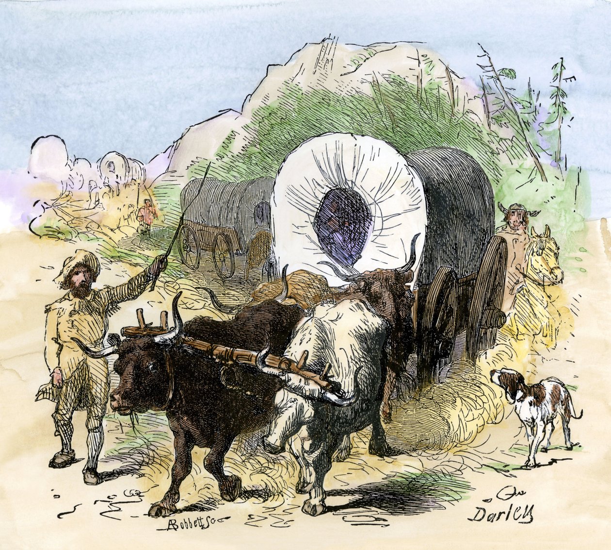 Historia de los colonos y del conquete del Oeste: Los pioneros americanos. Pioneros emigrados al valle del Misisipi a principios del siglo XIX. Grabado para colorear de Darley. de Felix Octavius Carr (after) Darley